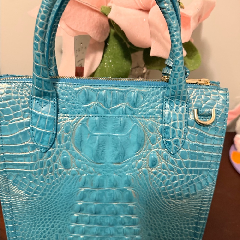 Brahmin Teal Croc-Embossed Leather Satchel with Gold Accents - Picture 2 of 2